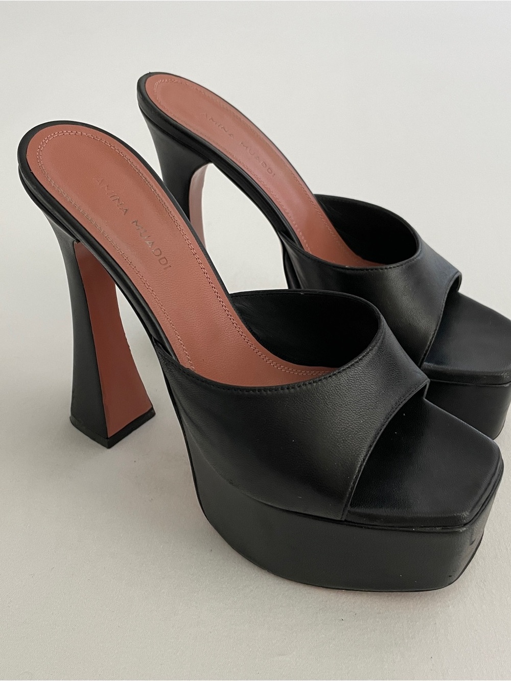 Amina Muaddi ‘Dalida’ black leather platform mules heels size 36 or 6